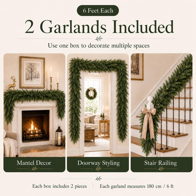 6FT Artificial Cedar Garland Realistic Greenery - 2Pcs